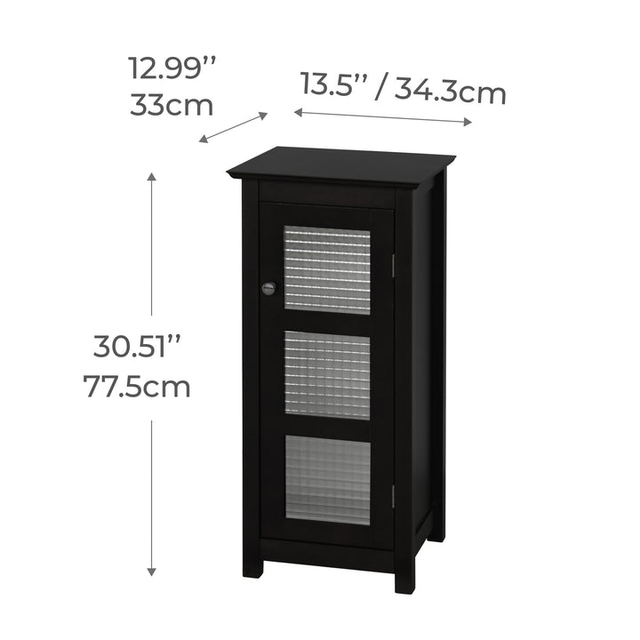 cabinet with textured glass panels shown with dimensions, stands 30 inches