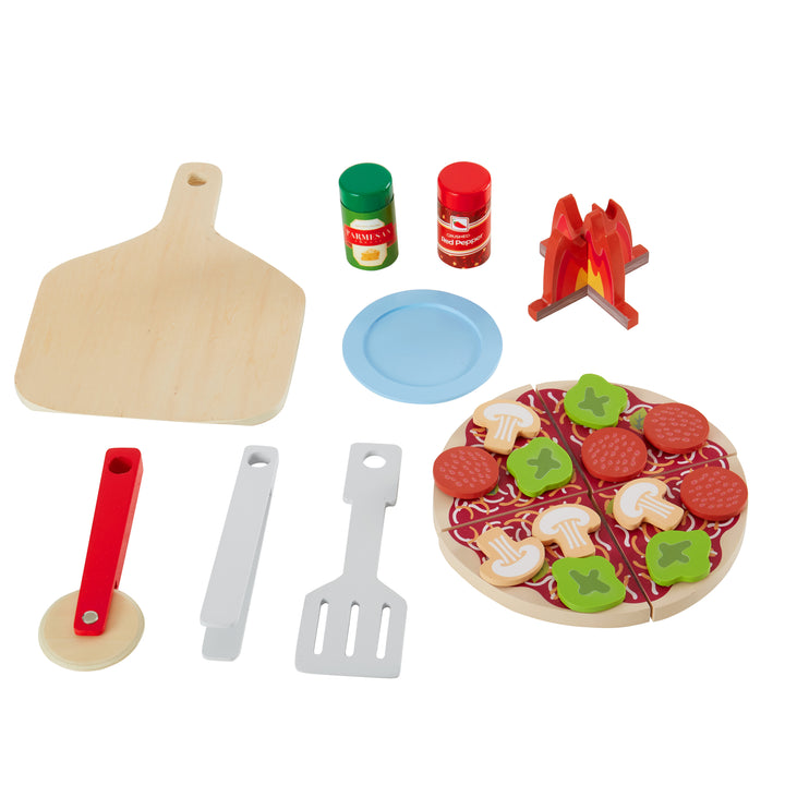 Pretend pizza board, pizza cutter, spatula, tongs, plate, 4-piece pizza, hook and loop fastener toppings, plate, fire, cheese and red pepper flake shakets