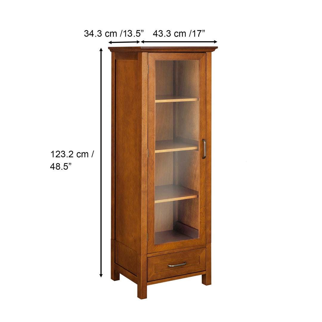 Dimensional graphic of a tall cabinet in inches and centimeters