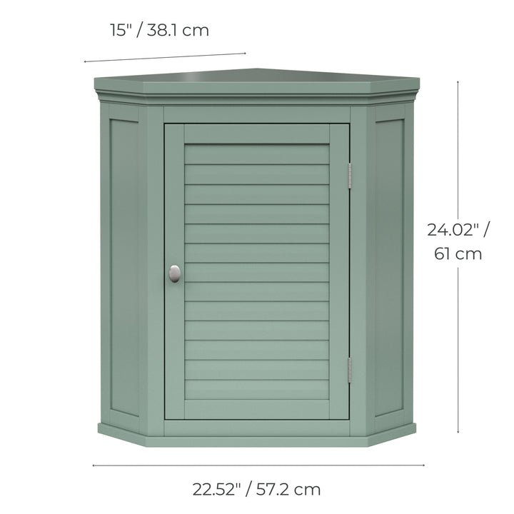 Dimensional graphic of a sage green corner wall cabinet in inches and centimeters.