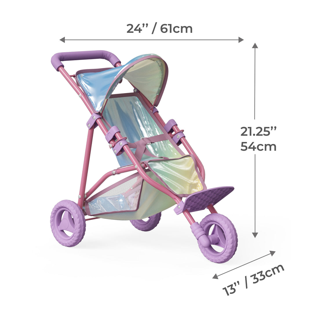 A dimensional graphic for an iridescent and purple kids jogging-style stroller in inches and centimeters