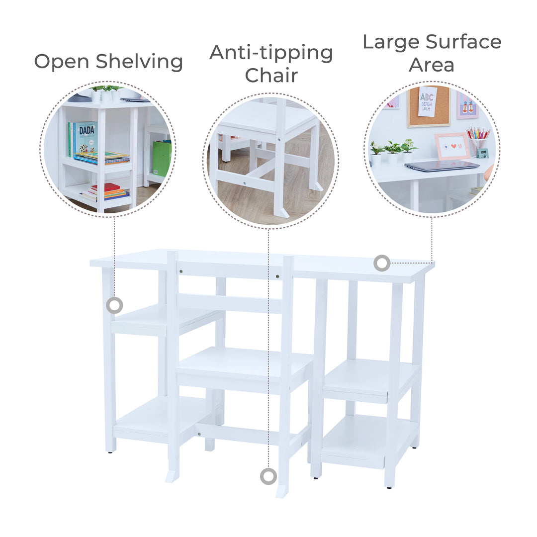 A white desk and chair infographic with callouts for open shelving, anti-tipping chair, and large surface area