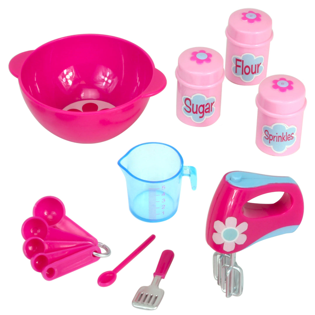 a mixing bowl, canisters of ingredients, measuring spoons, measuring cup, and mixer are shown in the image.