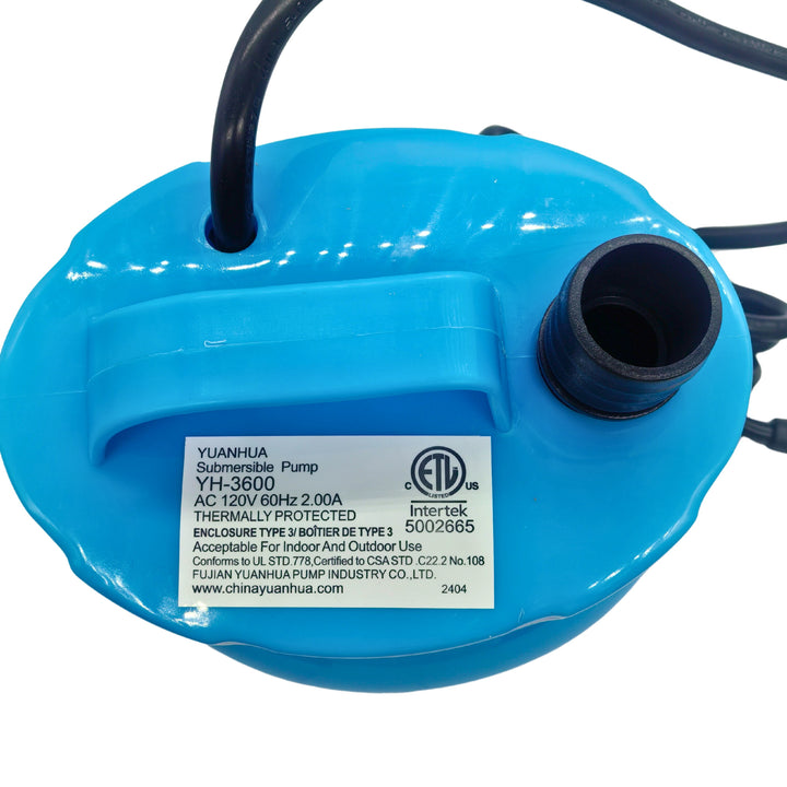 birds eye view of the blue pump with safety warning