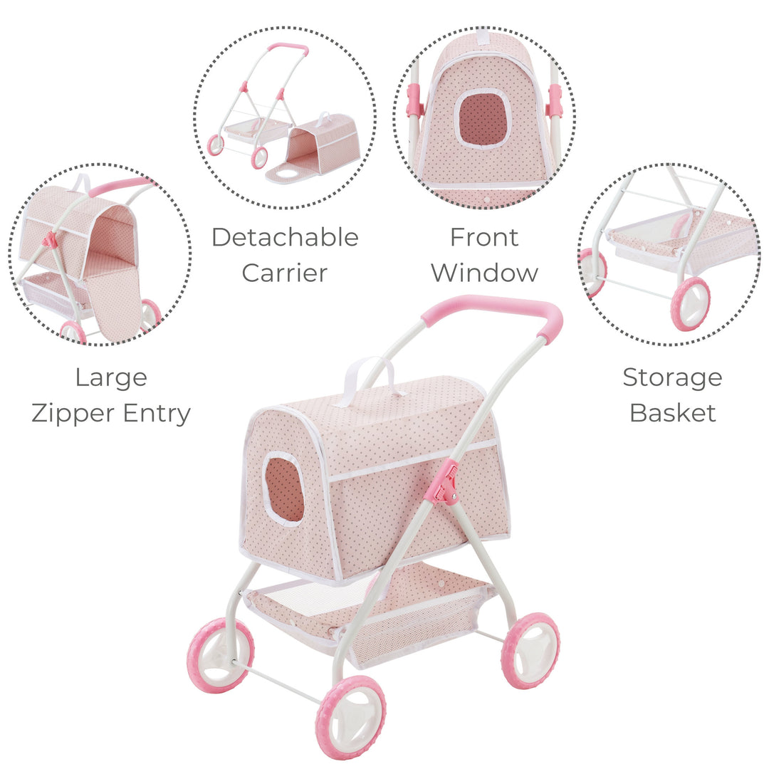 Pink and white polka dot stroller with a detachable carrier, a large zipper entry, a front window, and a storage basket.
