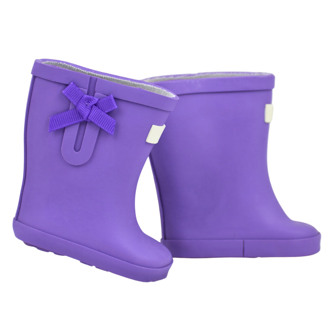 A pair of purple wellie-style boots for an 18" doll