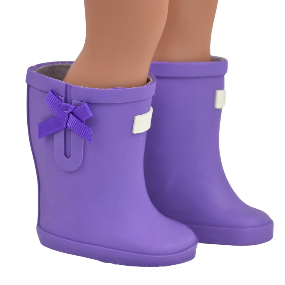 A pair of purple wellie-style boots for an 18" doll