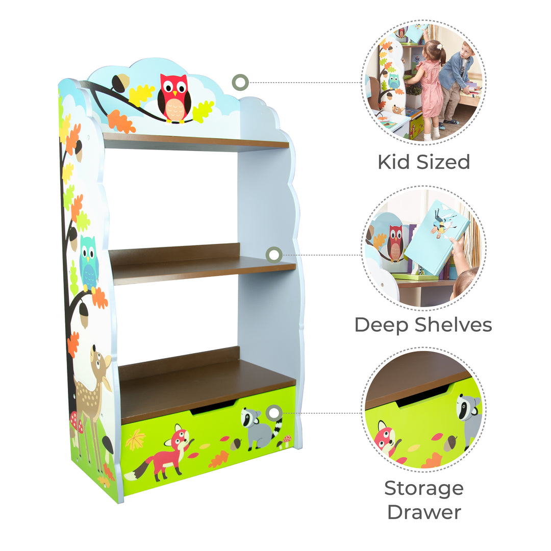 Infographic with callouts for kid sized, deep shelves, and storage drawer