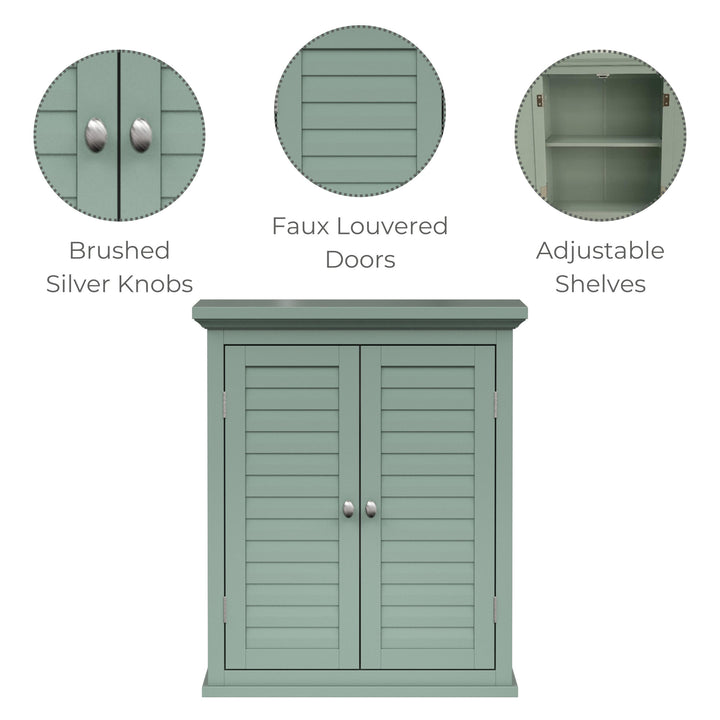 Infographic for a sage green wall cabinet calling out brushed silver knobs, faux louvered doors and adjustable shelves.