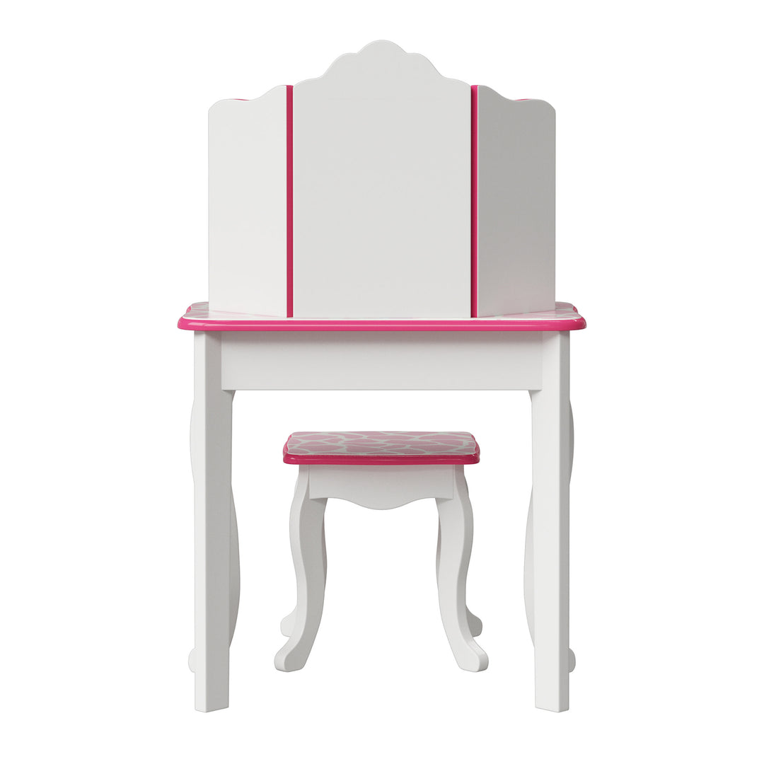 Back view of a child's white and pink vanity set