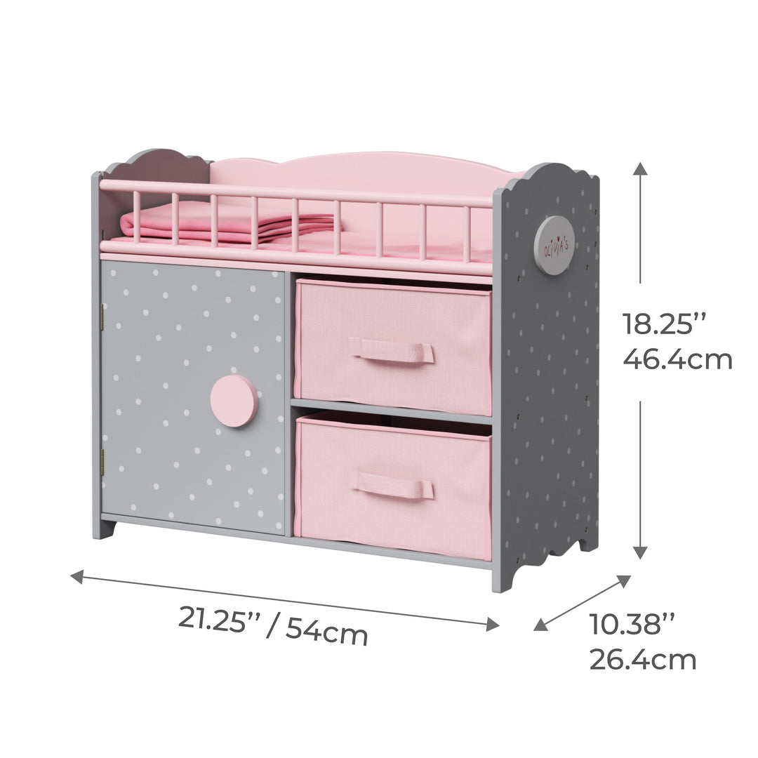 A dimensionsal graphic of a  gray and pink baby doll changing table with pink bins