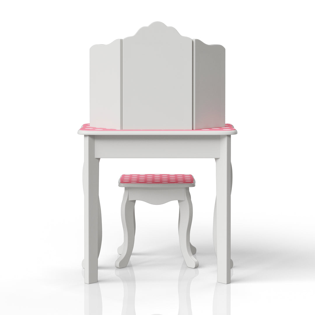 the back view of the kids' vanity table and matching stool with trifold mirror, white with pink and white polka dot accents