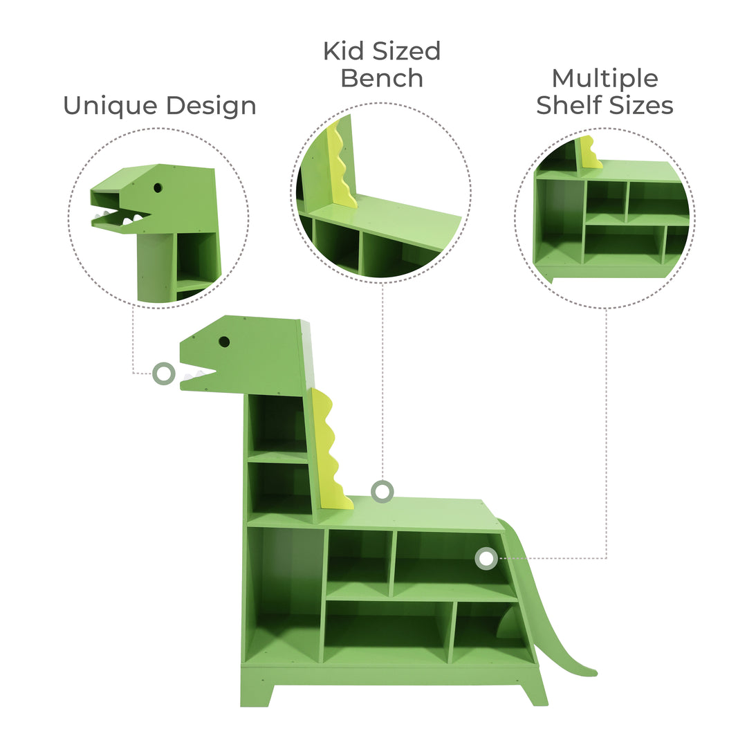 callouts of green dinosaur-shaped bookshelf; unique design, kid-sized bench, and multiple shelf sizes