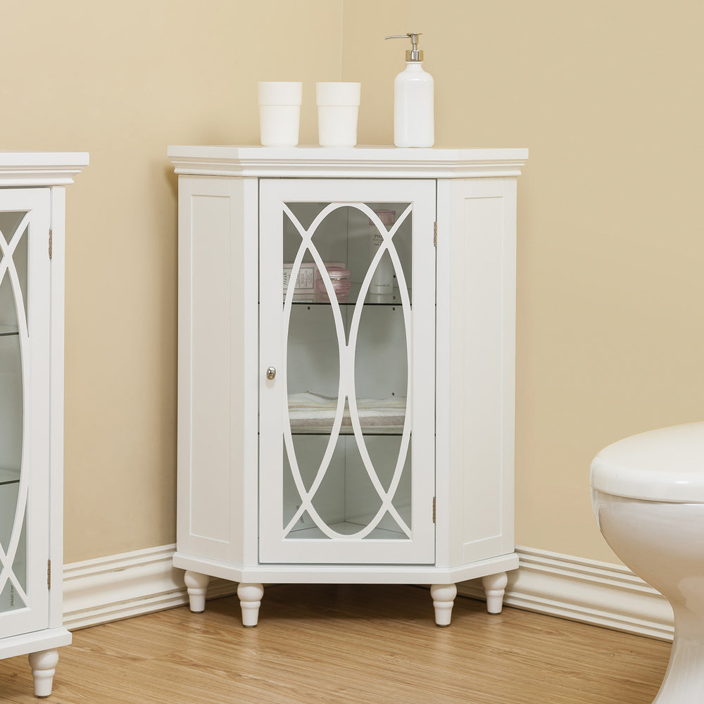 White corner floor cabinet with decorative glass door in a yellow bathroom