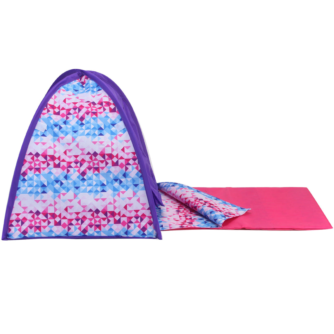 Sophia's purple and print camping tent with the matching sleeping bag laid out, side view.