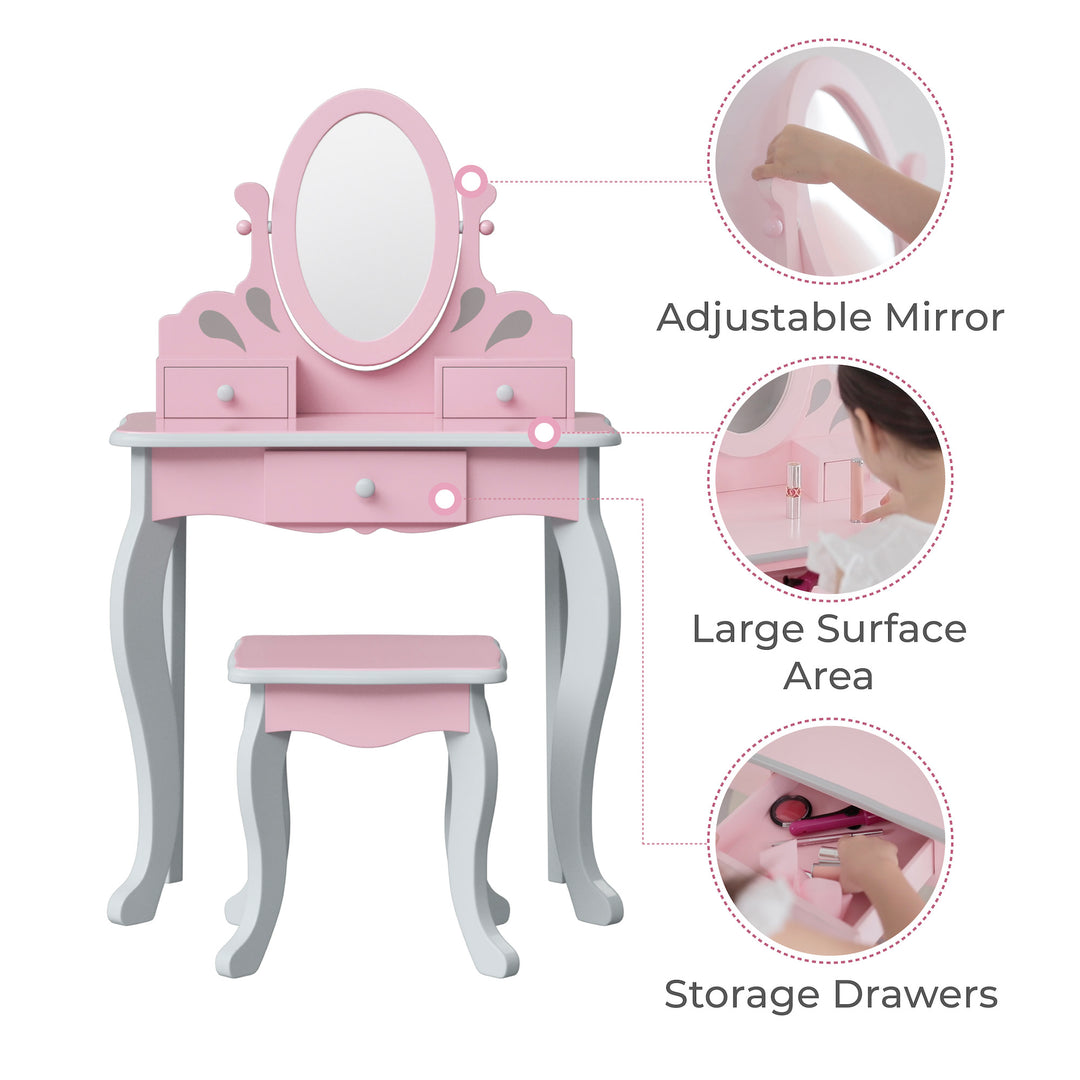 An infographic calling out an adjustable mirror, large surface area, and storage drawers on a play vanity