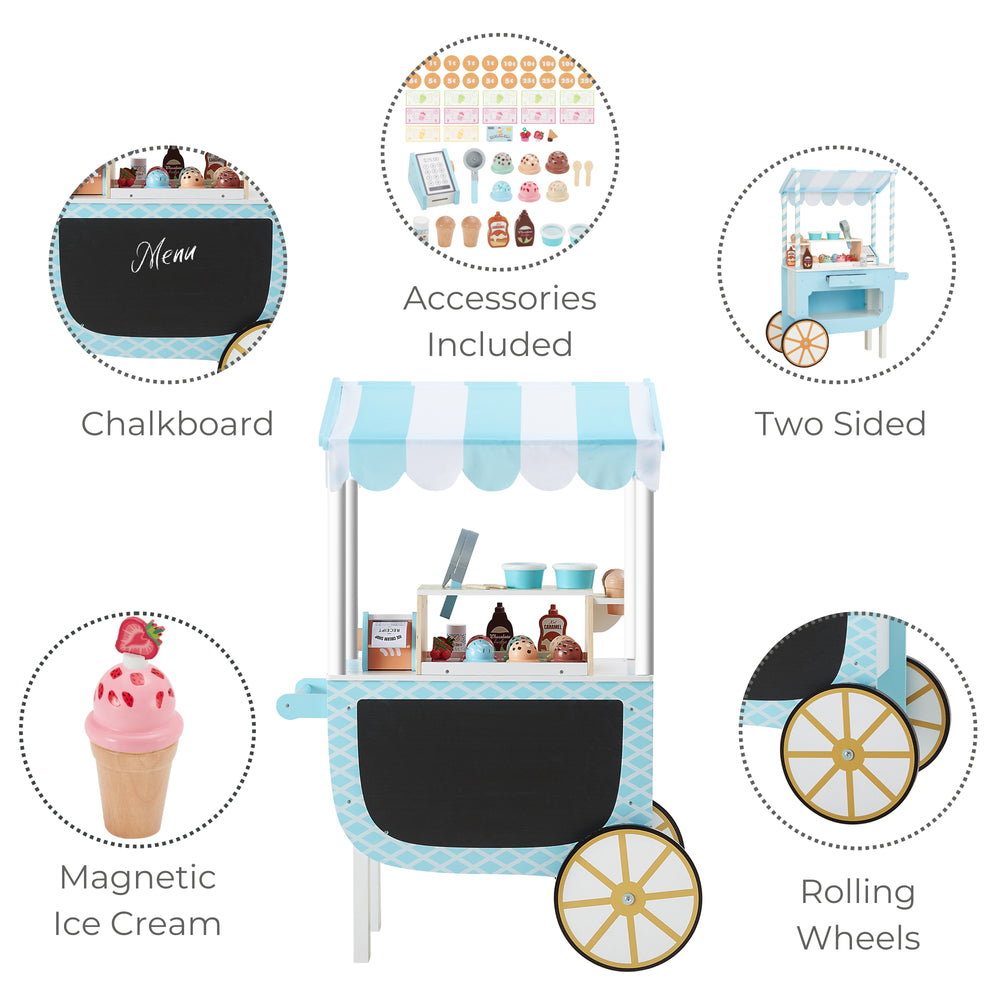 the ice cream cart and inset photos of its features is shown including a chalk board, stackable ice cream, accessories included and rolling wheels