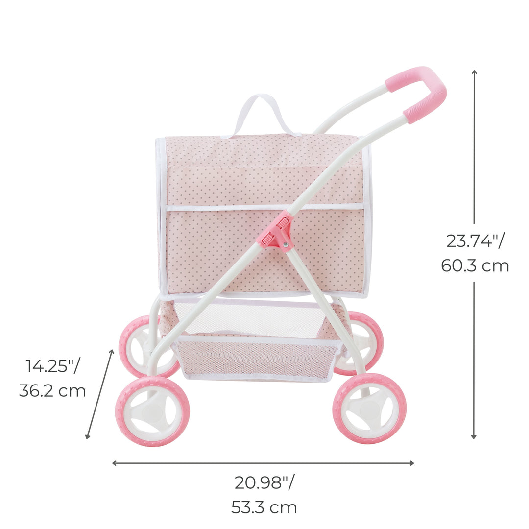 A white and pink doll stroller with a handle height of 23.74 inches, a seat height of 14.25 inches, and a length of 20.98 inches.
