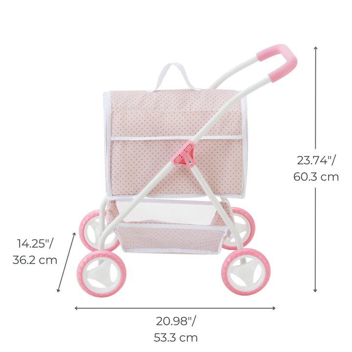 A white and pink doll stroller with a handle height of 23.74 inches, a seat height of 14.25 inches, and a length of 20.98 inches.
