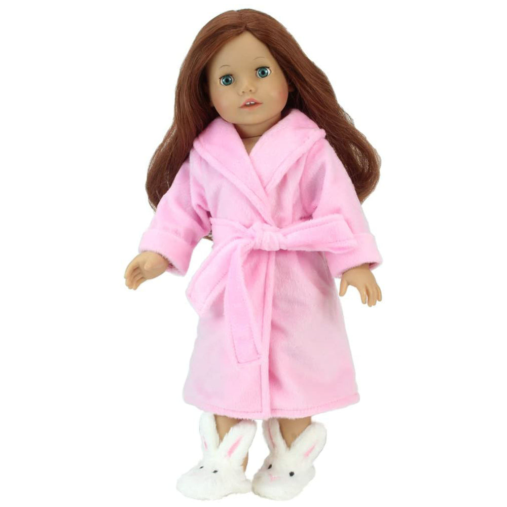 Sophia's Soft Bathrobe and Faux faux fur Bunny Slippers with Embroidery for 18" Dolls, Pink/White