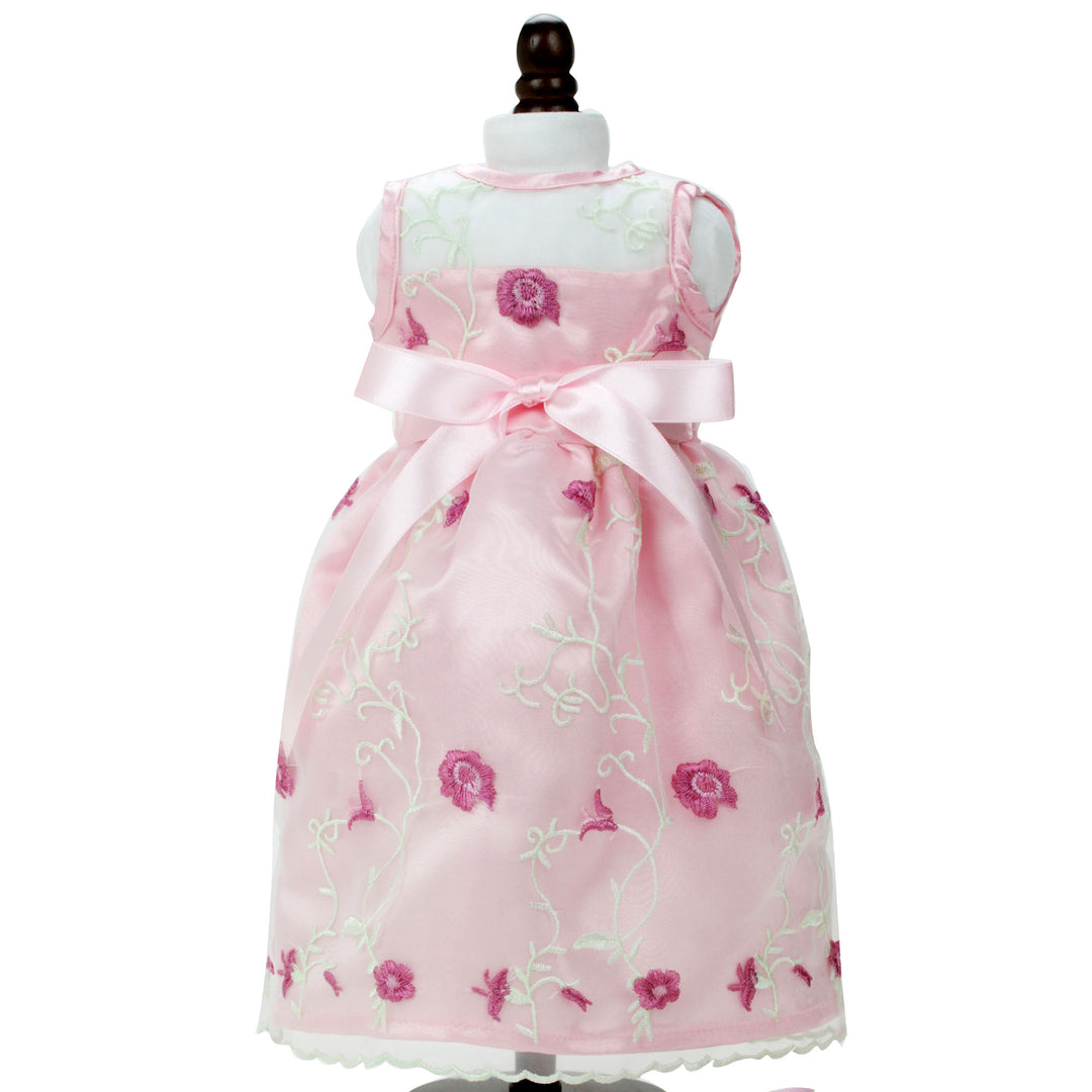 Sophia’s Embroidered Flower Sheer Overlay Fancy Special Occasion Spring Satin Dress for 18” Dolls, Light Pink