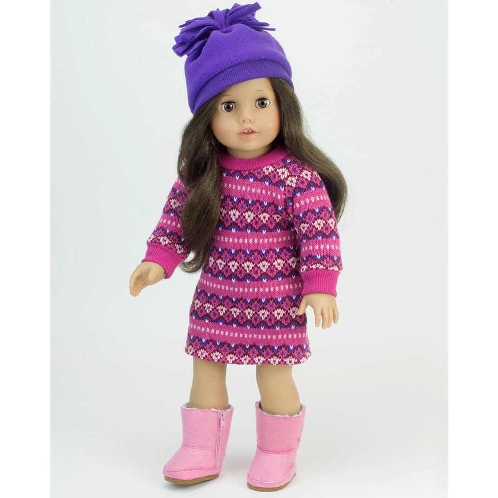 Sophia's - 18" Doll - Pink Fair Isle Dress, Purple Hat