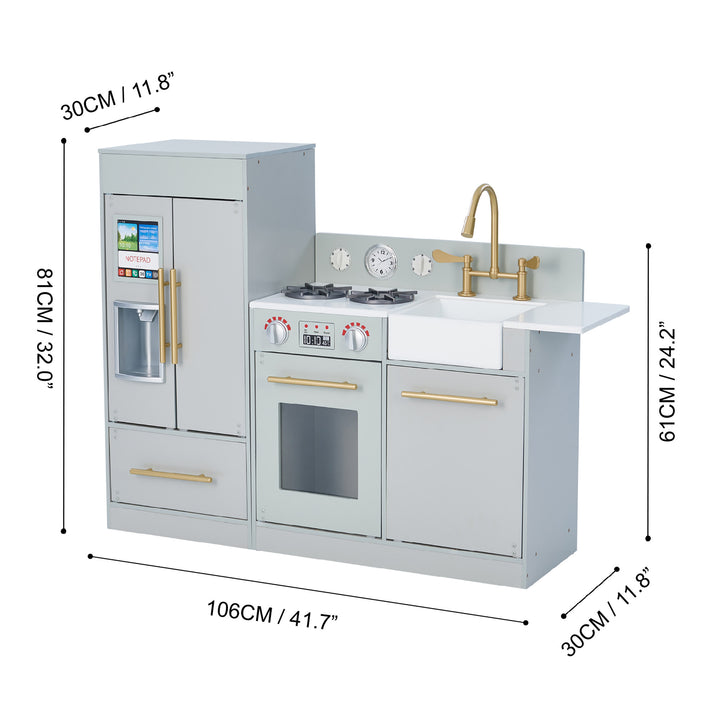 Teamson Kids Little Chef Charlotte Modern Play Kitchen, Silver Gray/Gold children's play kitchen set with dimensions.