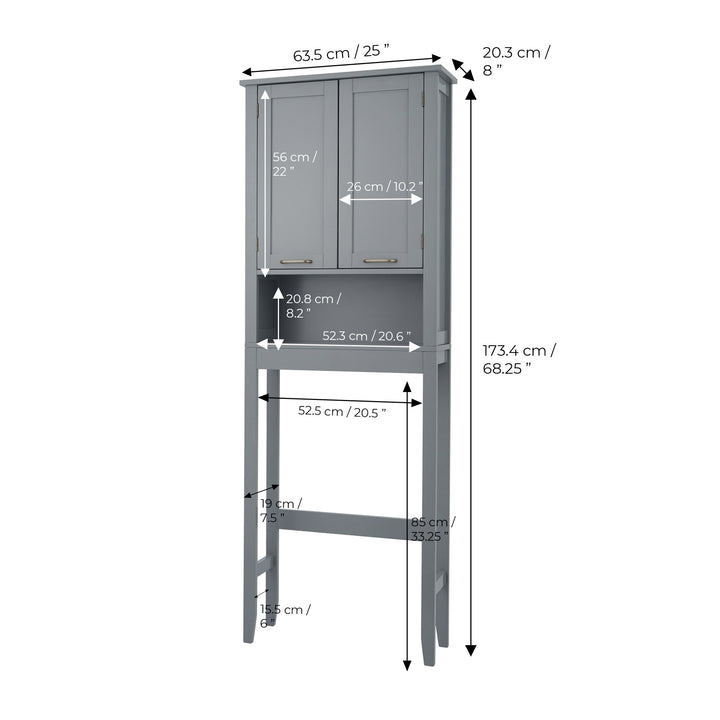 Annotated diagram of a Teamson Home Mercer Mid Century Modern Wooden Over-the-Toilet Storage Cabinet with Doors, Gray, displaying dimensions in centimeters and inches.