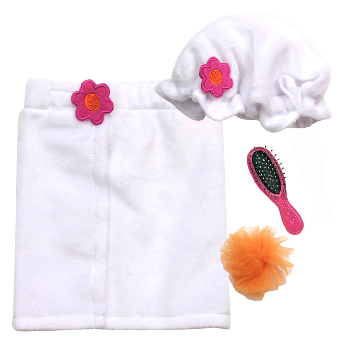 Sophia's 4 Piece Bath time Set Includes Towel Wrap, Shower Cap, Sponge & Hairbrush for 18" Dolls, White