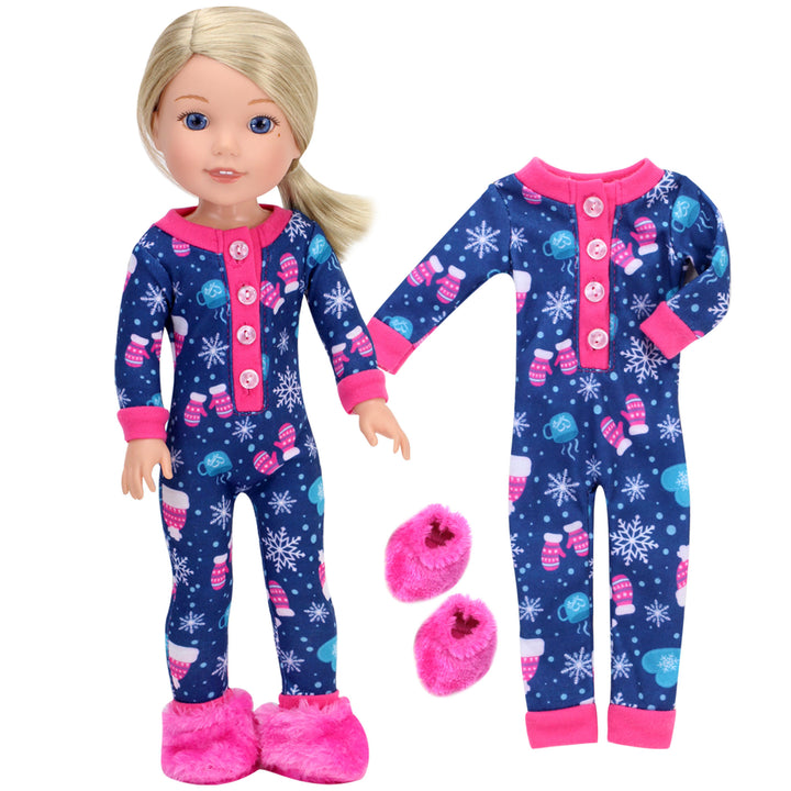 Sophia's One Piece Winter Pajamas and Slippers for 14.5" Dolls, Blue/Hot Pink