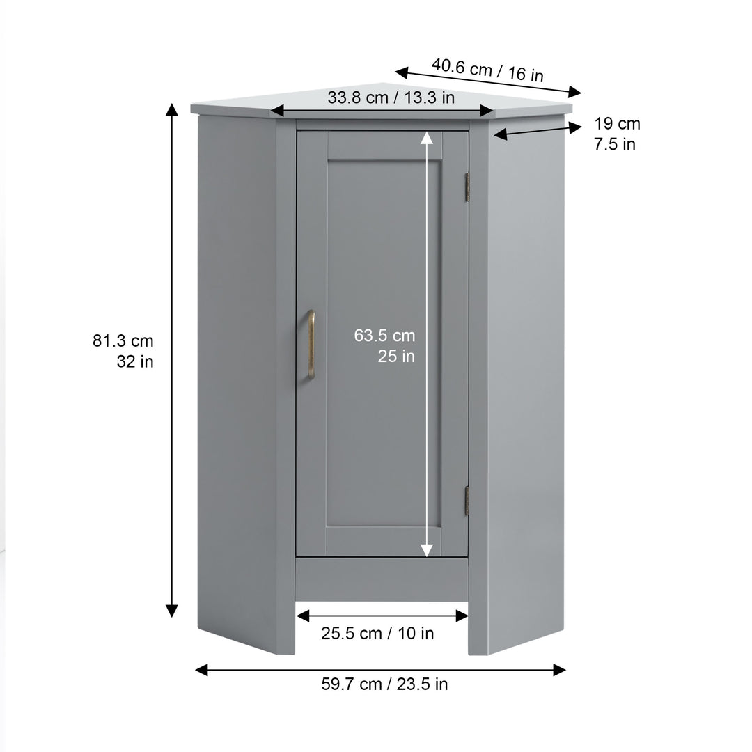 Teamson Home Mercer Mid Century Modern Gray Corner Floor Storage Cabinet with the dimensions in inches and centimeters