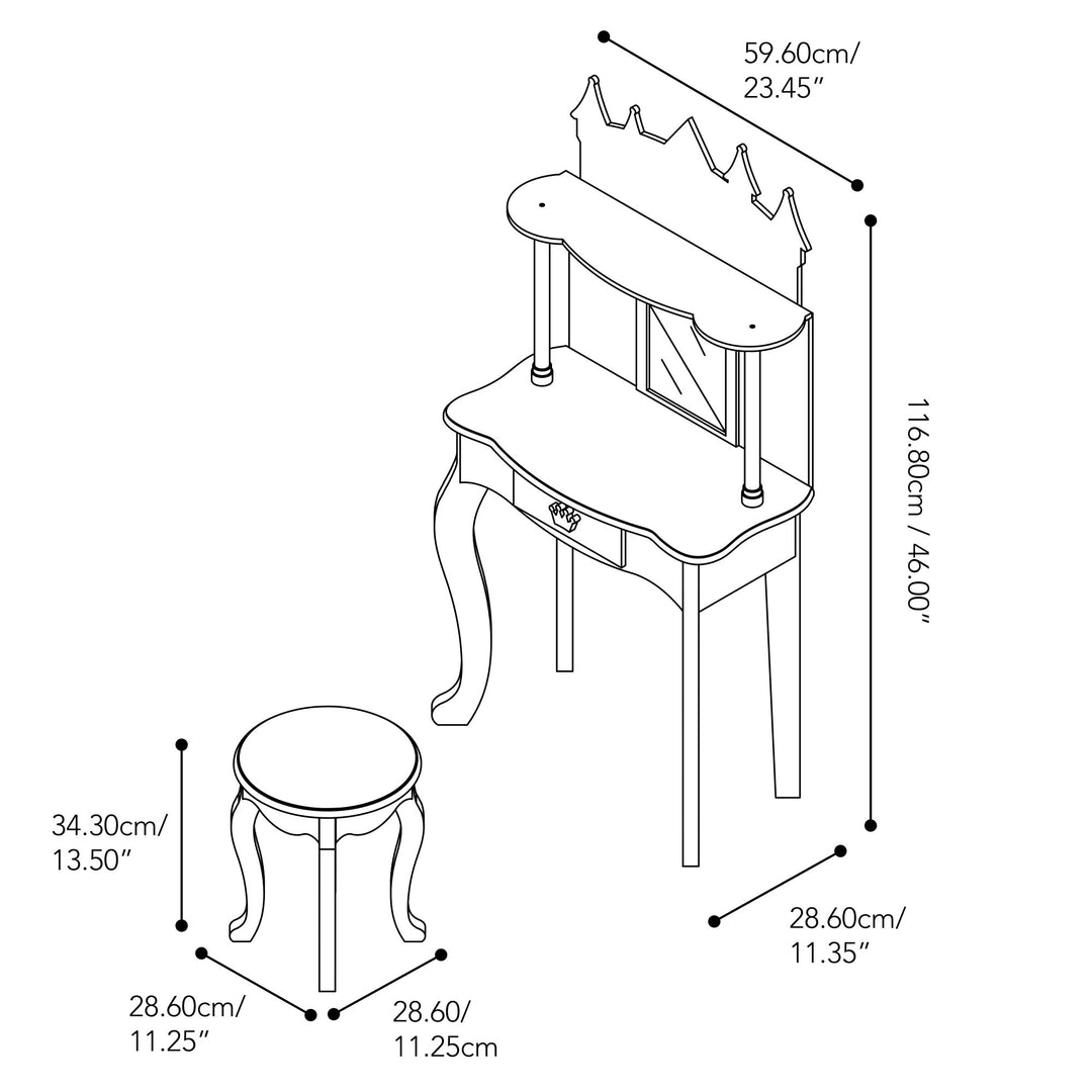 A drawing of the Fantasy Fields Kids Dreamland Castle Vanity Set with Chair and Accessories, White/Blue by Teamson Kids.