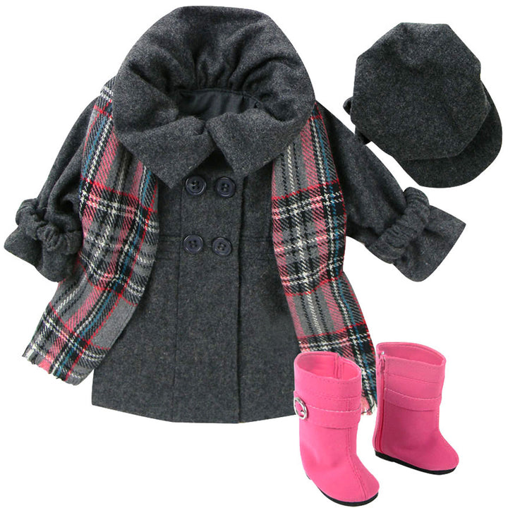 Sophia's - 18" Doll - Wool Coat, Hat, Plaid Scarf & Pink Boots - Gray