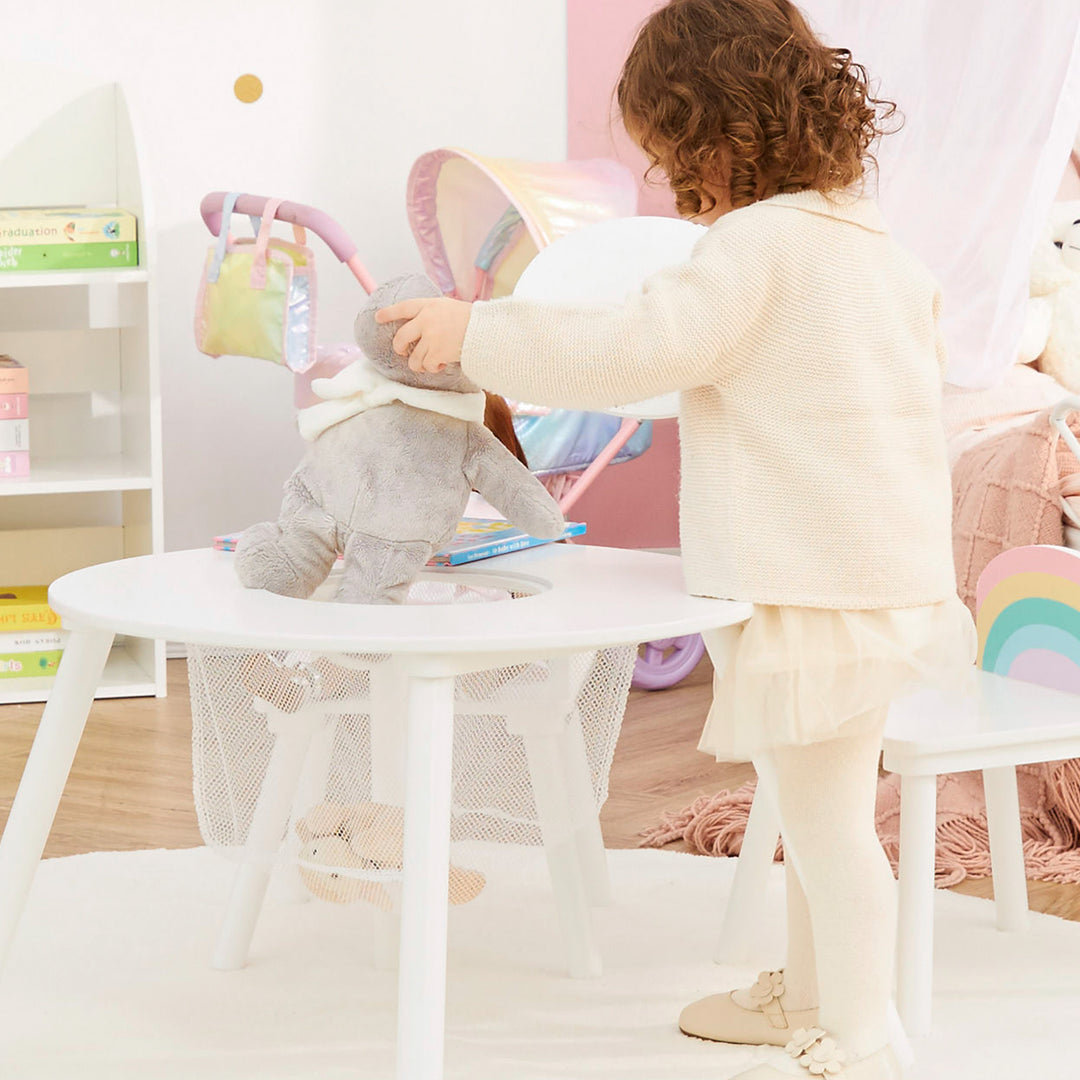 Fantasy Fields Kids Round Play Table with Center Mesh Storage and Two Rainbow Chairs, White