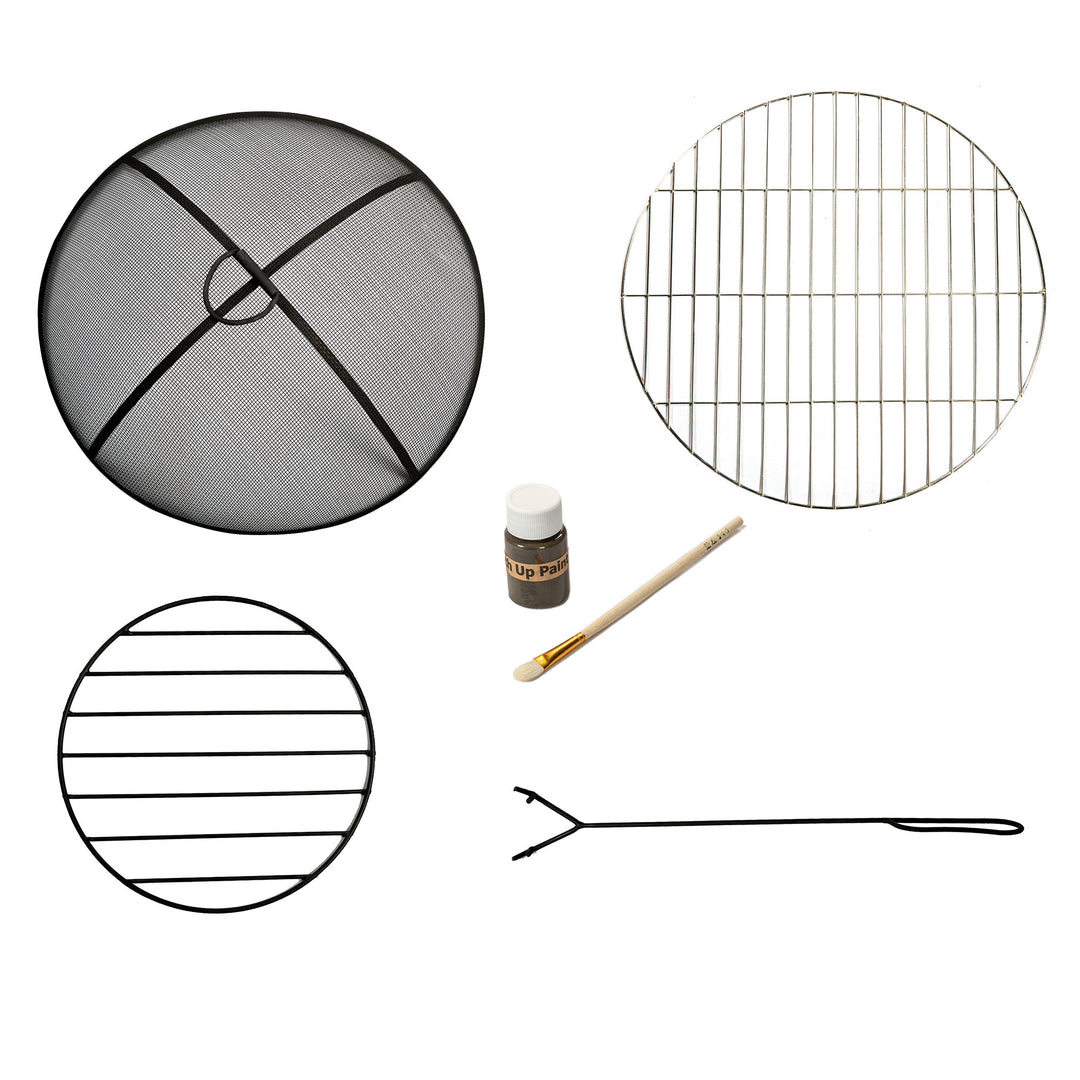 Items included with a Teamson Home Outdoor 24" Wood Burning Fire Pit with Grill Grate and Faux Concrete Base, Gray: a mesh spark screen, BBQ grill grate, metal grate, touch up paint and brush and poker