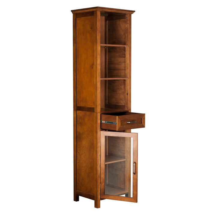 A view from the side of the Teamson Home Avery Linen Cabinet with Open Shelves and Storage Drawer, Oiled Oak with the drawer open and cabinet door open