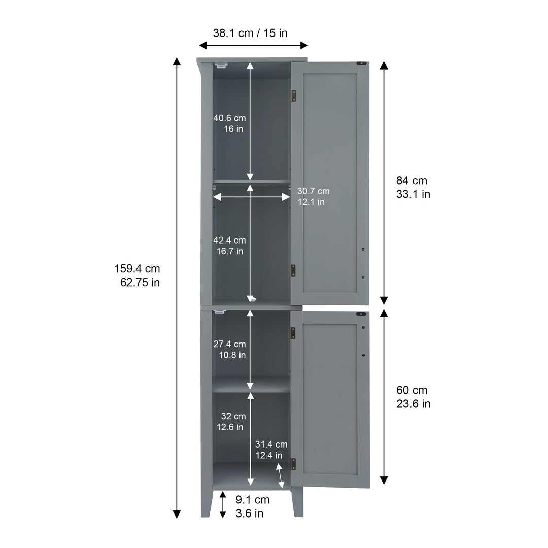 Internal and external dimensions in centimeters and inches for the Teamson Home Mercer Mid Century Modern Linen Tower Storage Cabinet with Two Doors, Gray