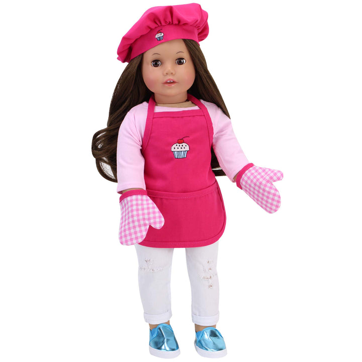 Sophia’s Cupcake Baking Apron, Hat, & Gingham Oven Mitts Complete Matching Accessory Set for 18” Dolls, Hot Pink