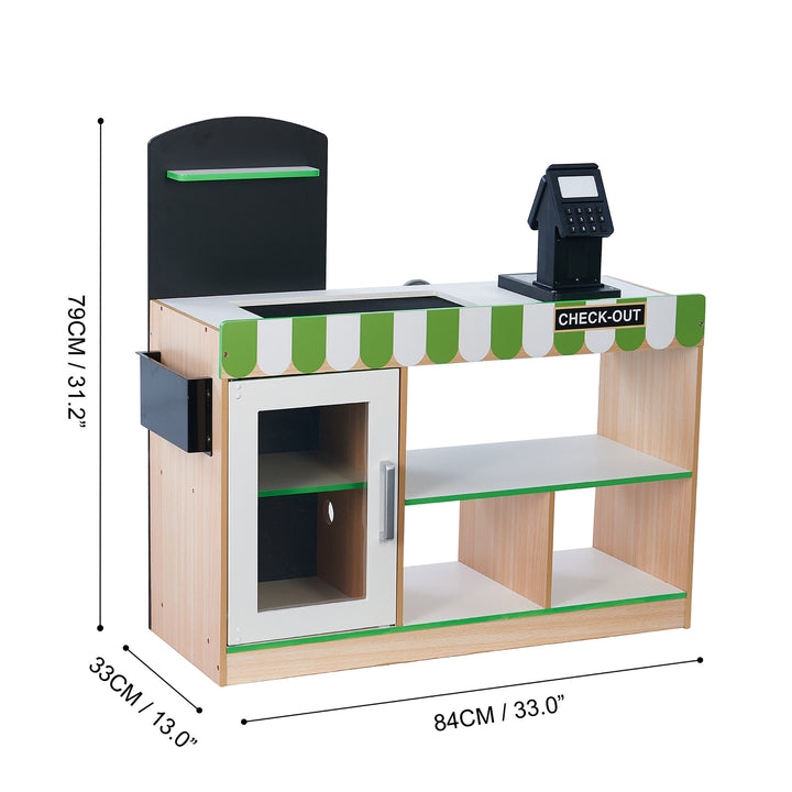 Kids' Teamson Kids Cashier Austin Play Market Checkout Counter with 26 Accessories, Green/Natural with dimensions.