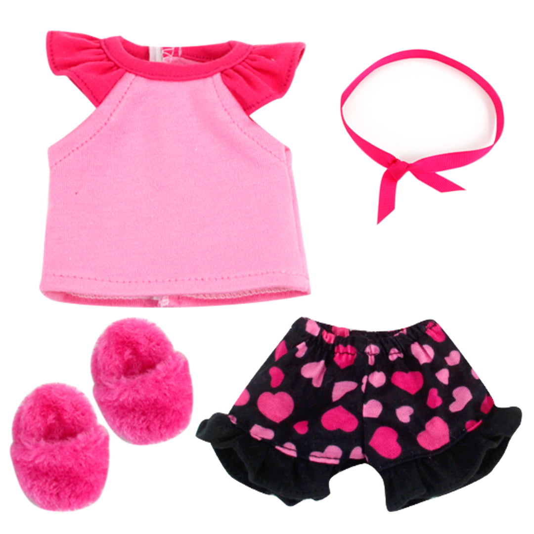 Sophia's - 14.5" Doll - Girl Pink & Black Heart Print Pajamas, Hair Tie & Fuchsia Fluffy Slippers - Hot Pink