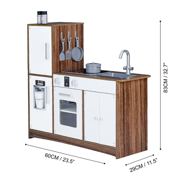 Child's Teamson Kids Little Chef Palm Springs Classic Kids Play Kitchen with Accessories, Natural/White with interactive features and kids-sized dimensions in centimeters and inches..