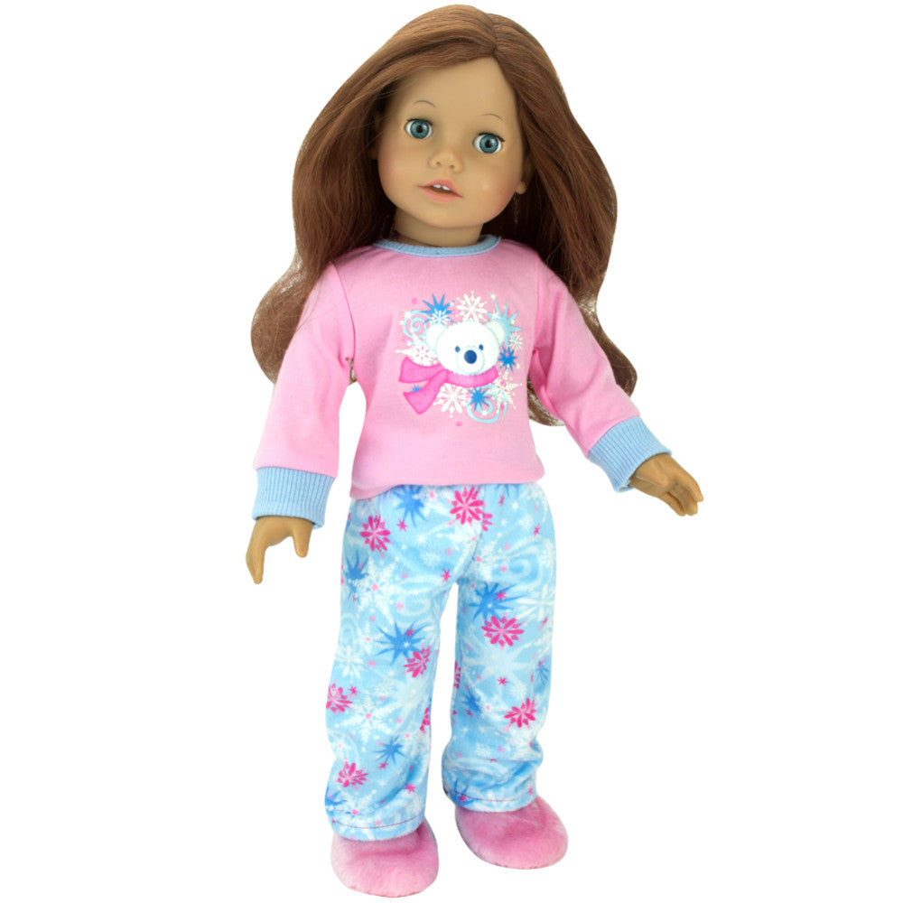 Sophia’s Fleece Snowflake Print Pajama Pants, Long-Sleeved Polar Bear Tee, & Fuzzy Slippers Pajama Set for 18” Dolls, Pink/Blue