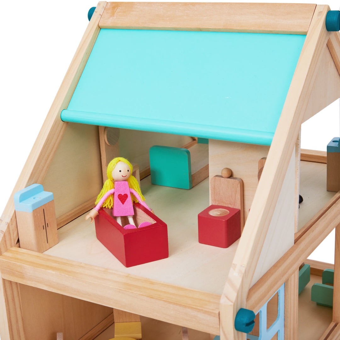 Olivia's Little World Buildable Wooden Dollhouse with 3.5" Doll People and Furniture, Tan/Sea Green