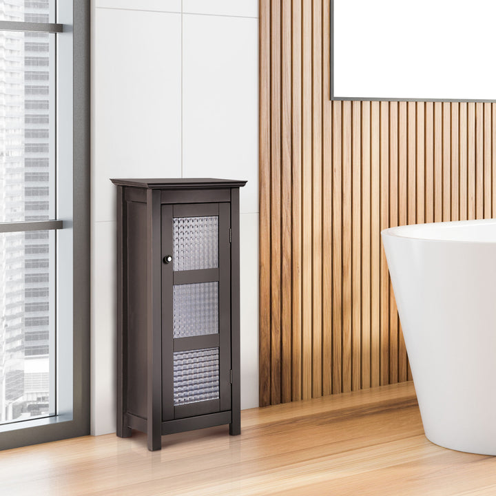 A Teamson Home Chesterfield Wooden Floor Cabinet with Waffle Glass Door, Espresso against the wall