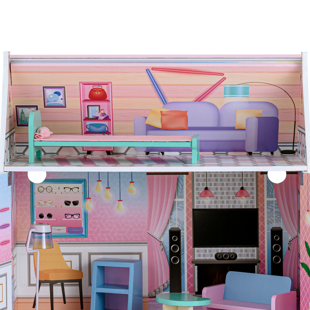 A single bed in a loft room in a three-story dollhouse.