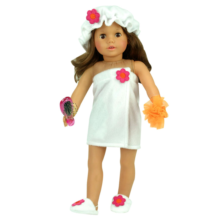 Sophia's 4 Piece Bath time Set Includes Towel Wrap, Shower Cap, Sponge & Hairbrush for 18" Dolls, White