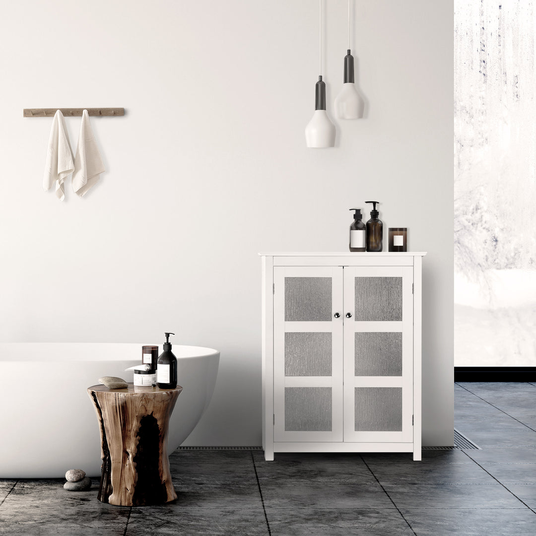 Minimalist bathroom interior with a white Teamson Home Connor 2 Door Floor Cabinet underneath two pendant lights