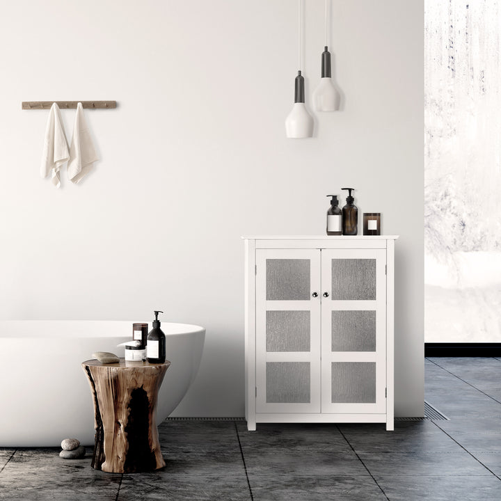 Minimalist bathroom interior with a white Teamson Home Connor 2 Door Floor Cabinet underneath two pendant lights