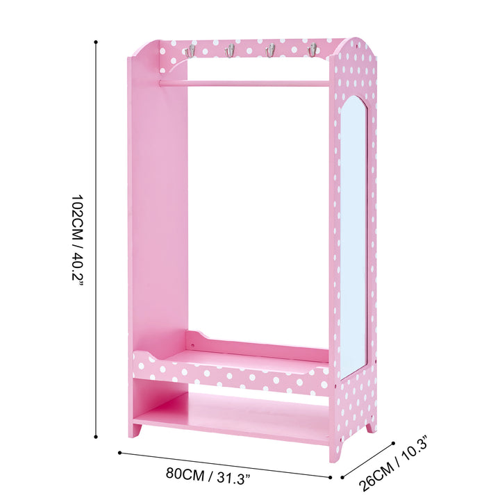 Dimensional graphic of a kids clothing rack in inches and centimeters