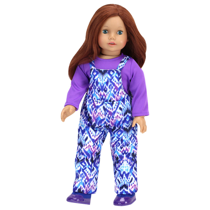 Sophia's - 18" Doll - Ikat Print Bib Snow Overalls, Purple T, Navy Fleece Hat & Boots Set - Blue